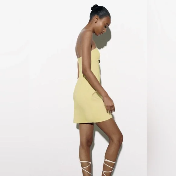 Zara mini lemon yellow sleeveless bodycon cut out evening summer dress - Picture 6 of 15
